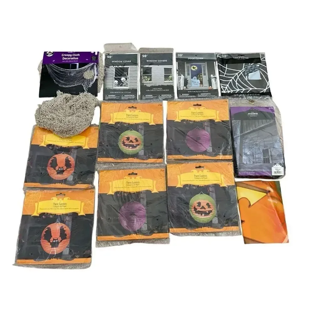 14 Pc Halloween Decorations Paper Lantern Tablecloth Door Window Cover Spooky